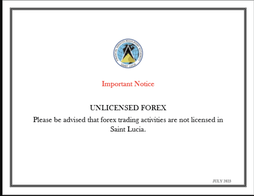 The St. Lucia Financial Services Regulatory Authority notice on unlicensed forex activities