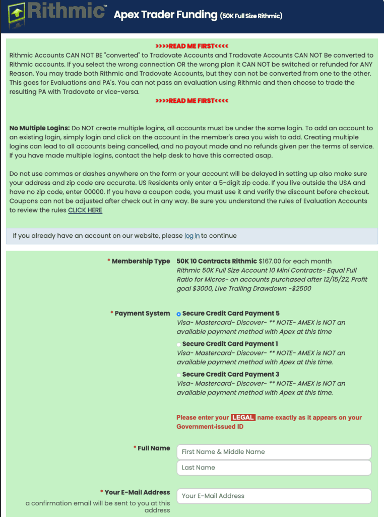 Apex Trader Funding Rithmic $50K Sign Up Form