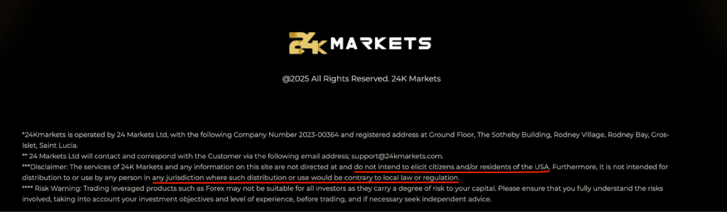 24K Markets website disclaimer which appears in their footer