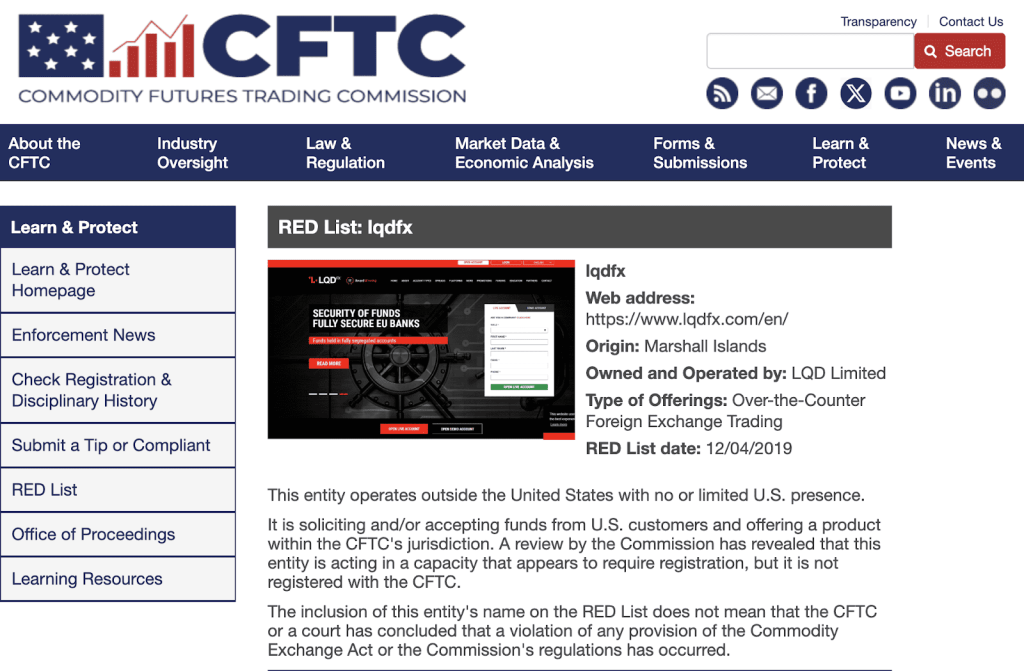CFTC Red List Warning for LQDFX