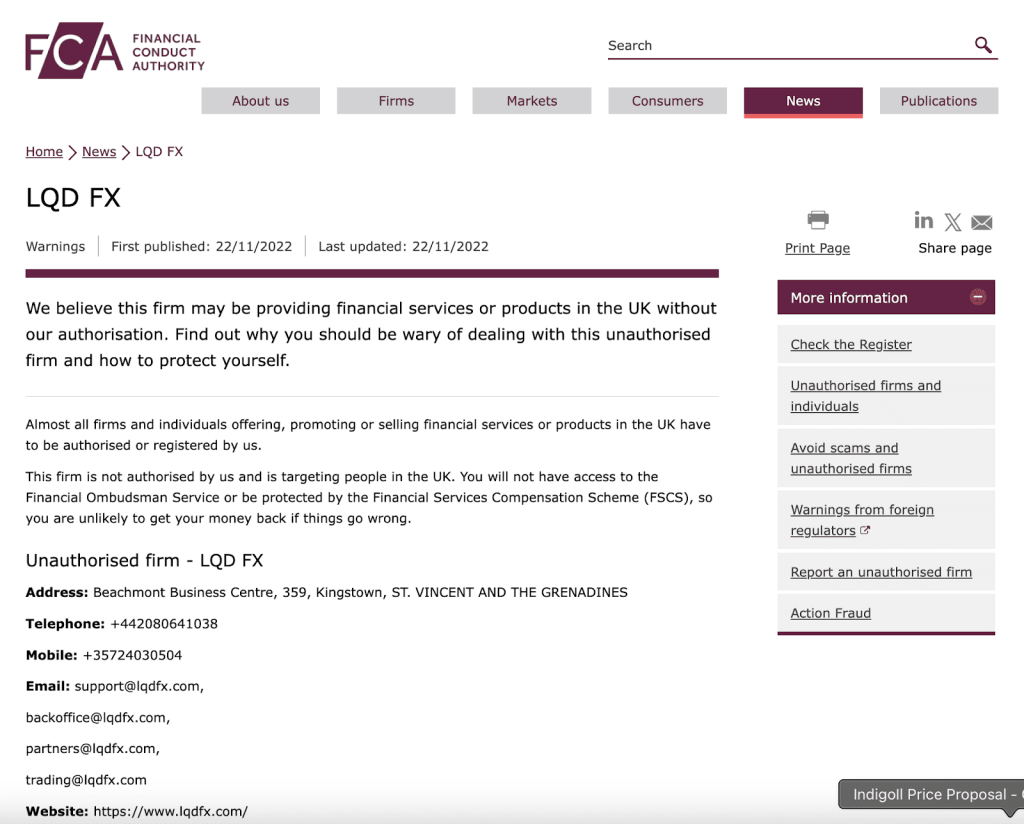 FCA Red List Warning for LQDFX