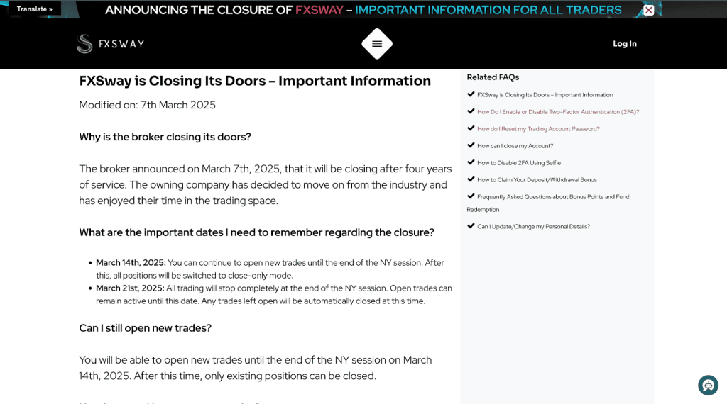 Official Confirmation from FxSway's website of the firm shuting down