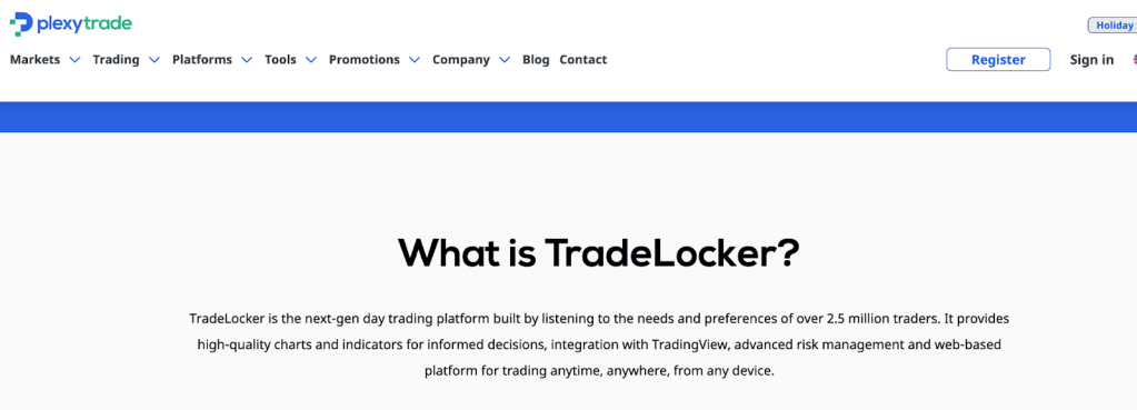 Plexytrade Touting TradeLocker as the Nex-gen platform on Their Website.