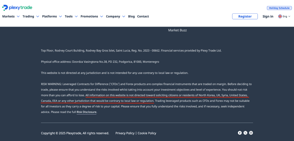 Plexytrade website disclaimer which appears in their footer and claims not to solicit U.S. clients.