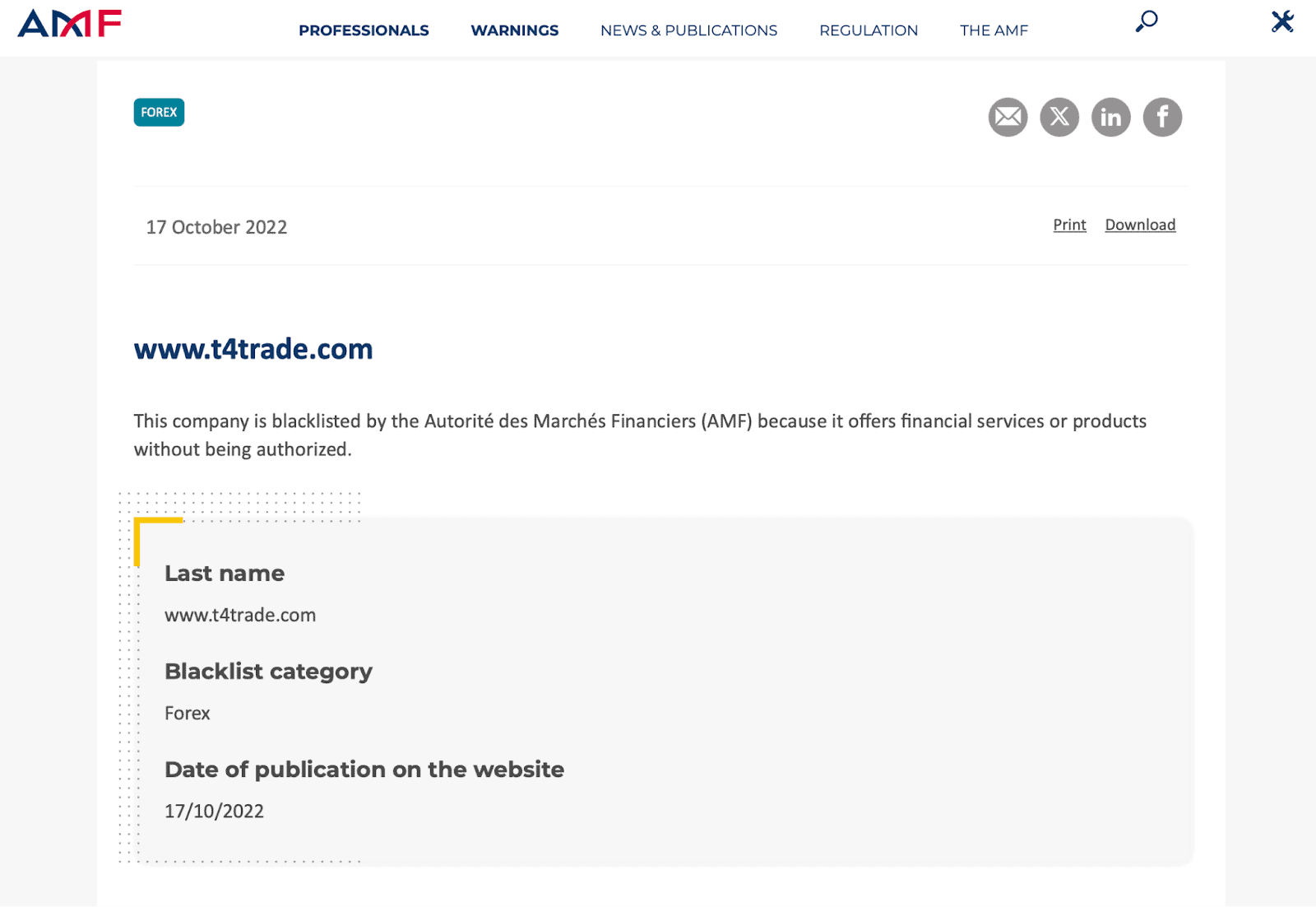 AMF (France) T4Trade Regulatory Warning