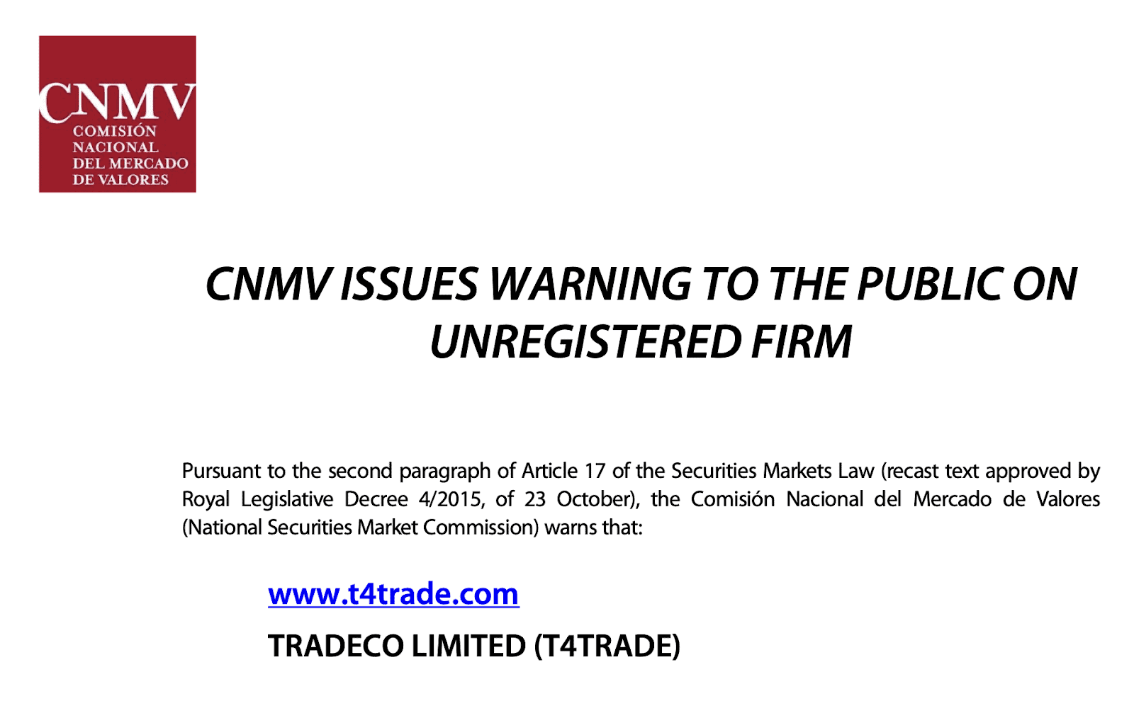 CNMV (Spain) T4Trade Regulatory Warning