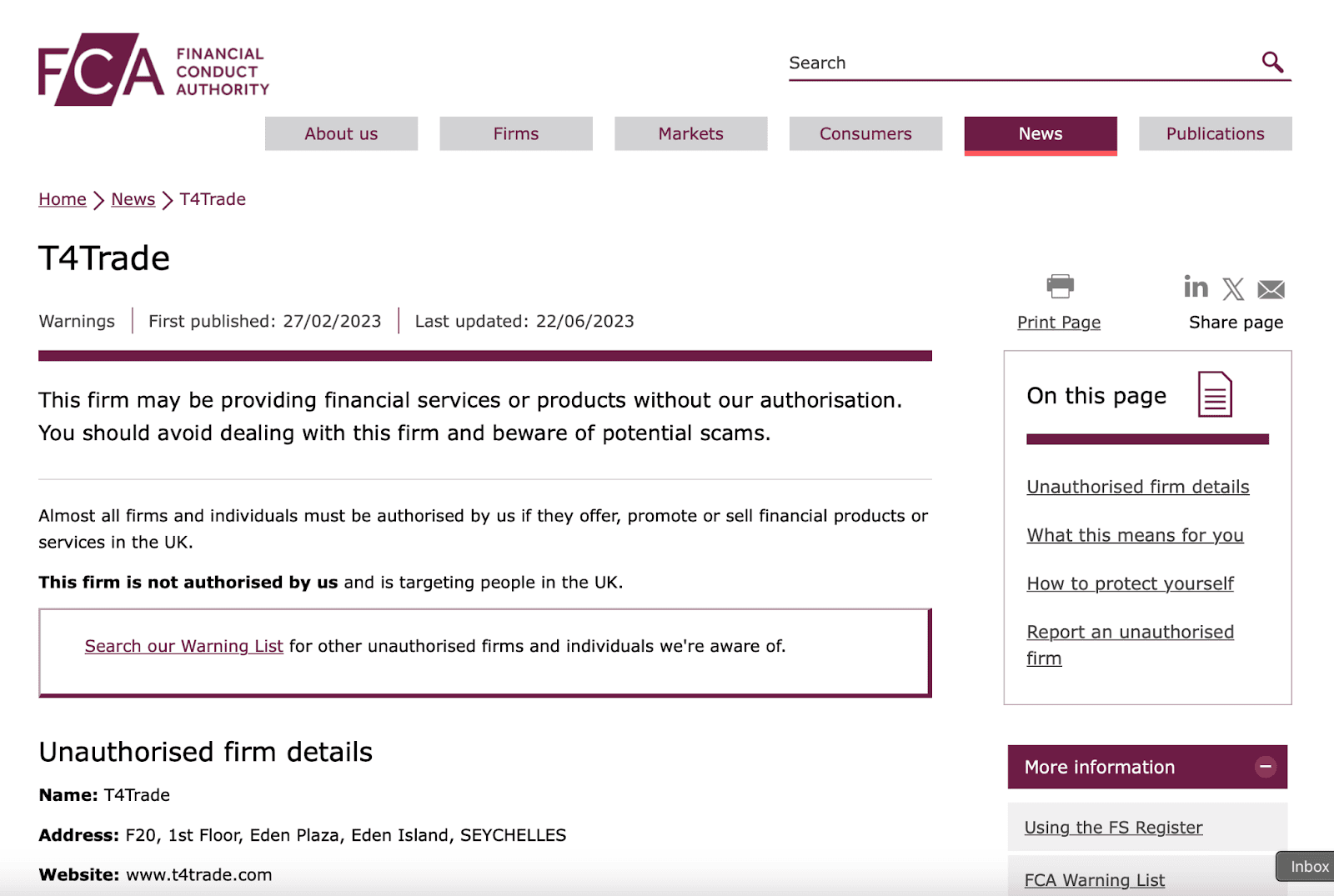FCA (UK) T4Trade Regulatory Warning