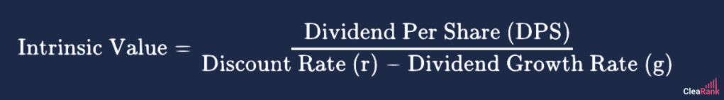 Intrinsic Value= 
Dividend Per Share (DPS)/ (Discount Rate (r)−Dividend Growth Rate (g))