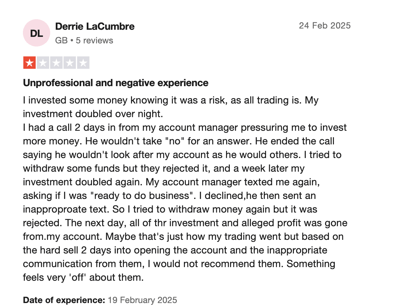 Negative review for T4Trade on TrustPilot - Pressured to Deposit More
