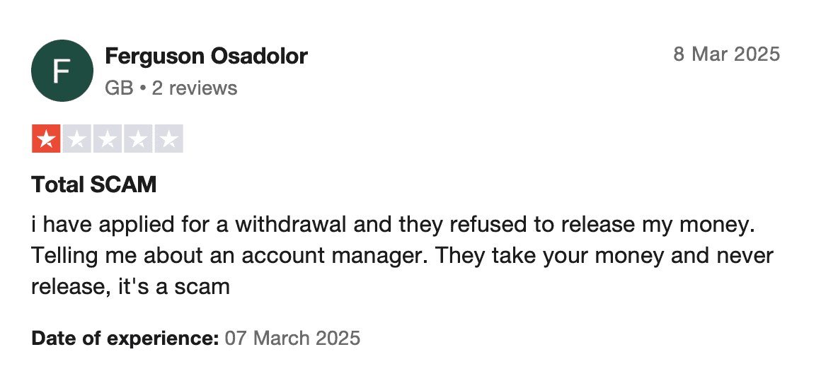 Negative review for T4Trade on TrustPilot - Withdraw refusal