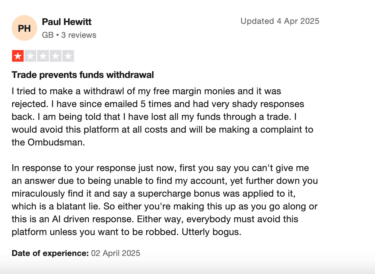 Negative review for T4Trade on TrustPilot - Withdraw rejected Bonus applied