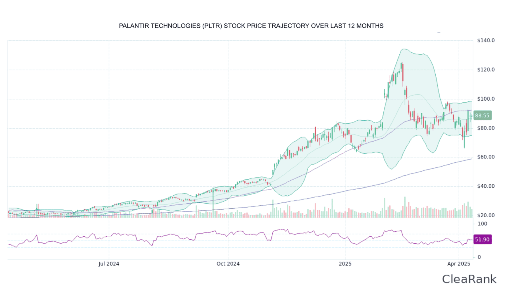 Chart showing 245% gains for Palantir stock year-on-year
