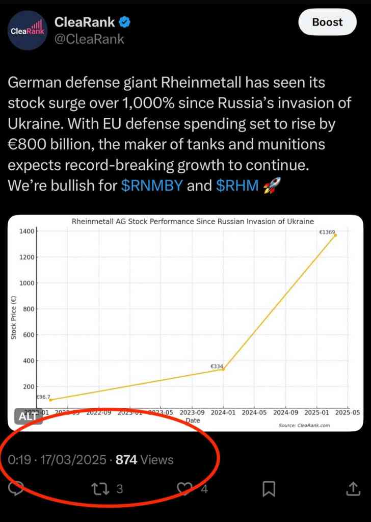 CleaRank’s analysts X post about Rheinmetall Stock on On March 17