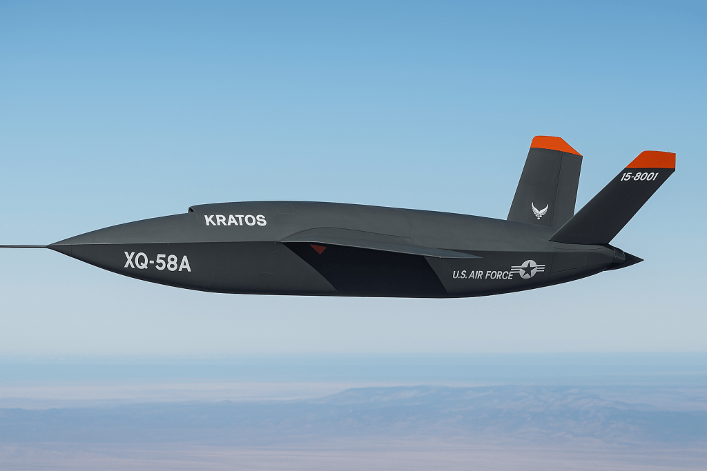 Simulated image by CleaRank of Kratos XQ-58A Valkyrie in test flight, developed as a low-cost autonomous combat drone to fly alongside manned fighters.

