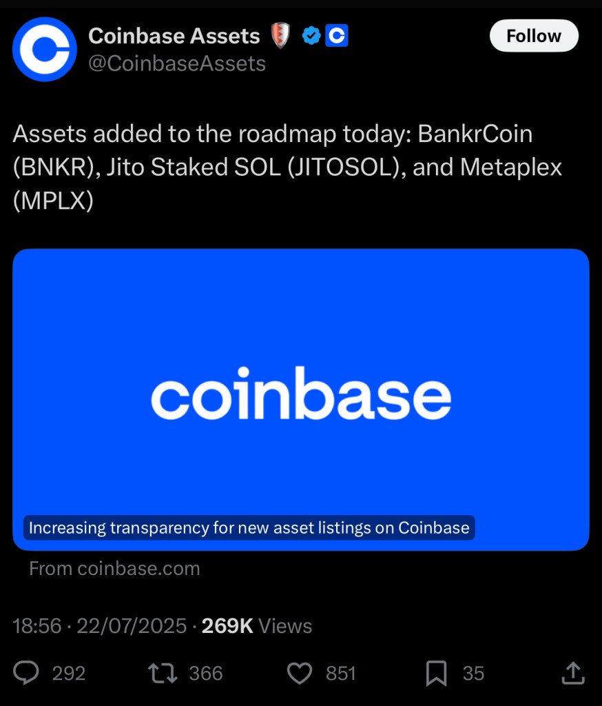 Coinbase Assets X Post About BNKR, JITOSOL, MPLX