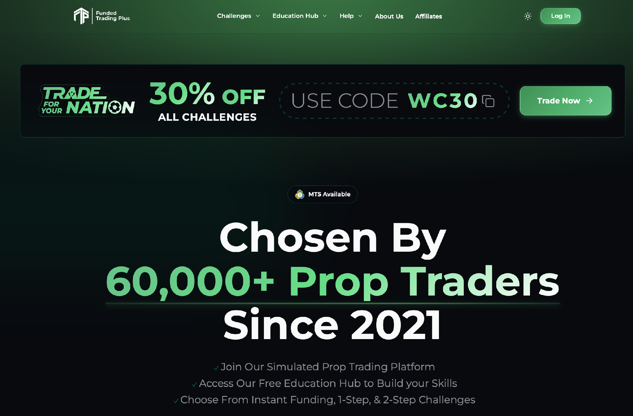 Funded Trading Plus homepage (fundedtradingplus.com).