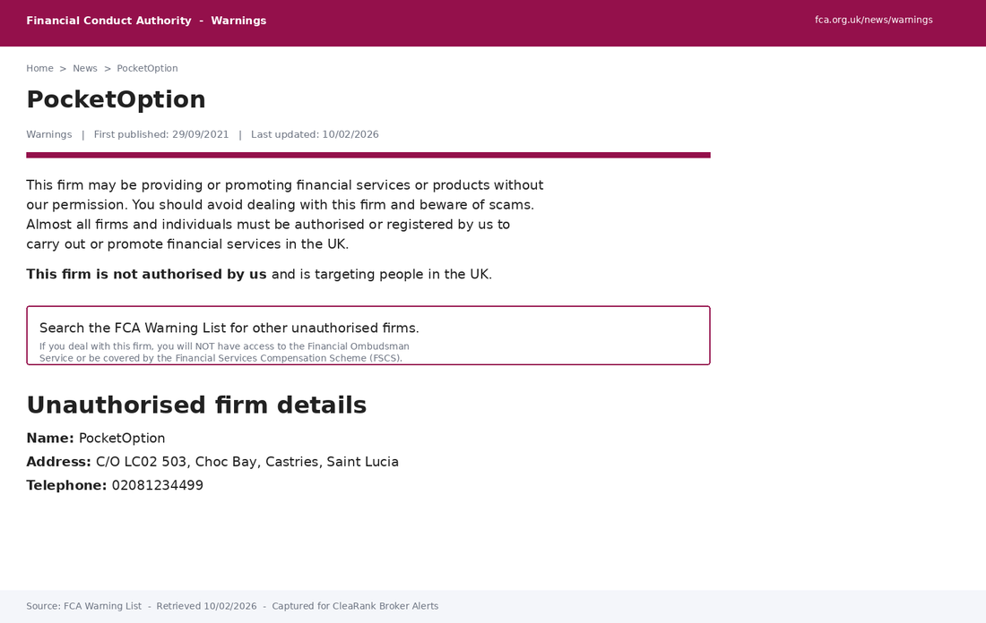 FCA Warning List entry for PocketOption, last updated 10 February 2026