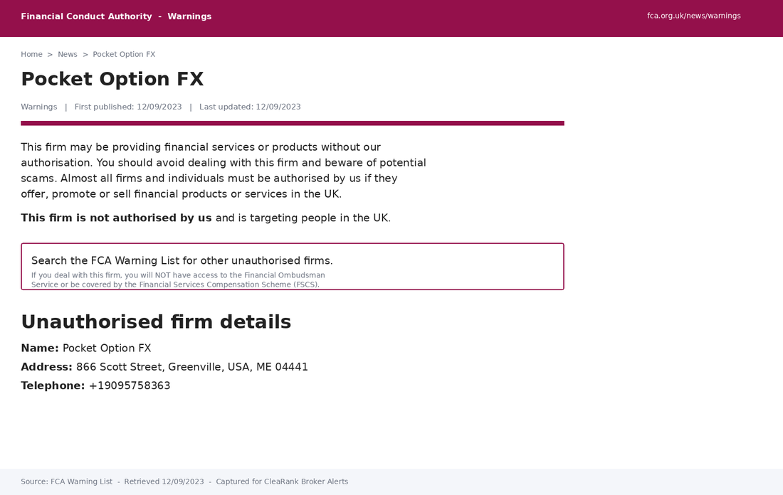 Second FCA warning for the Pocket Option FX clone, published 12 September 2023
