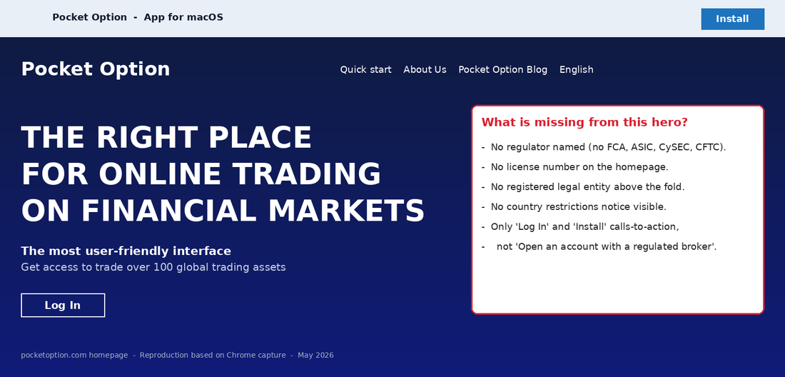 Pocket Option homepage showing no named regulator or legal entity above the fold
